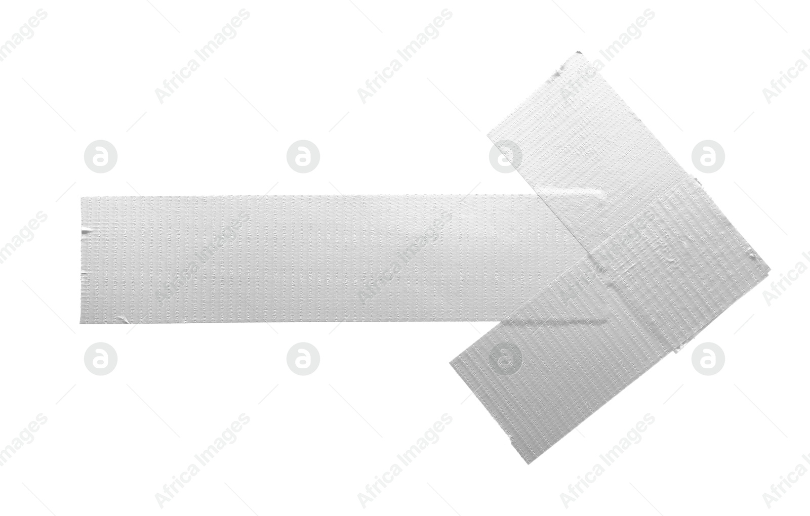 Photo of Arrow made of silver adhesive tape on white background, top view