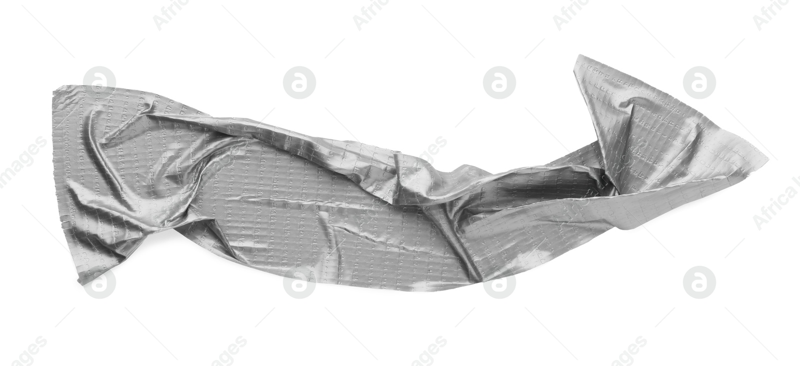 Photo of Wrinkled strip of silver adhesive tape on white background, top view