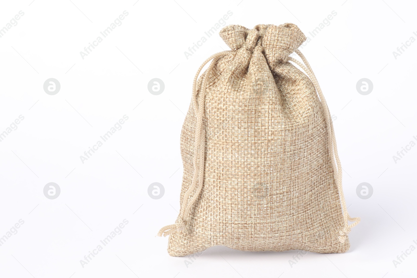 Photo of One beige burlap bag on white background