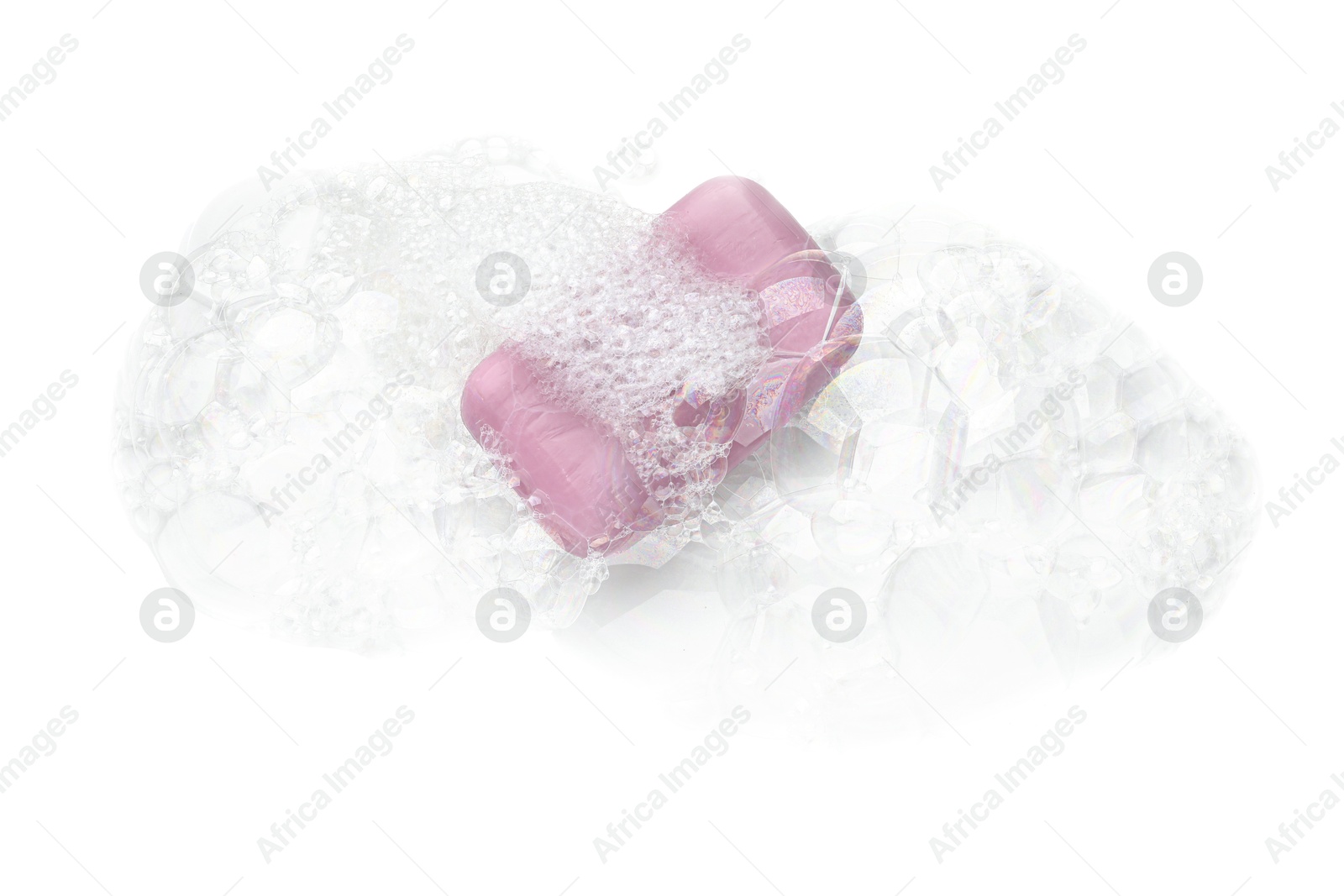 Photo of Violet soap with foam on white background, top view