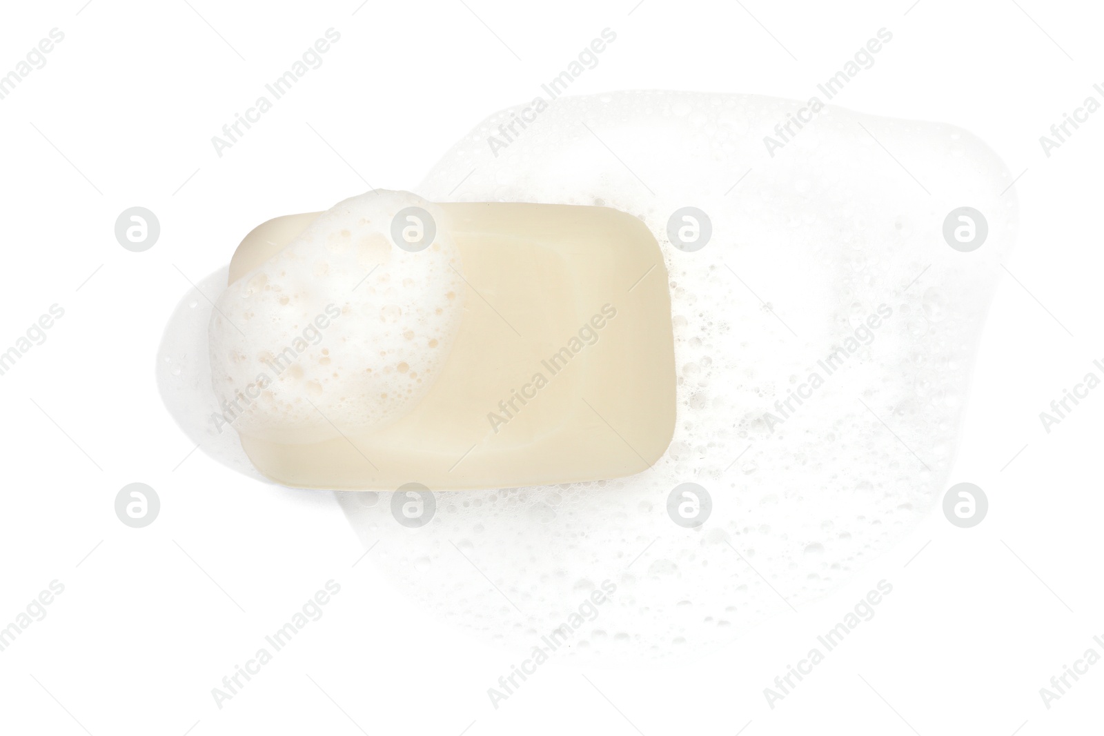 Photo of Soap with foam on white background, top view