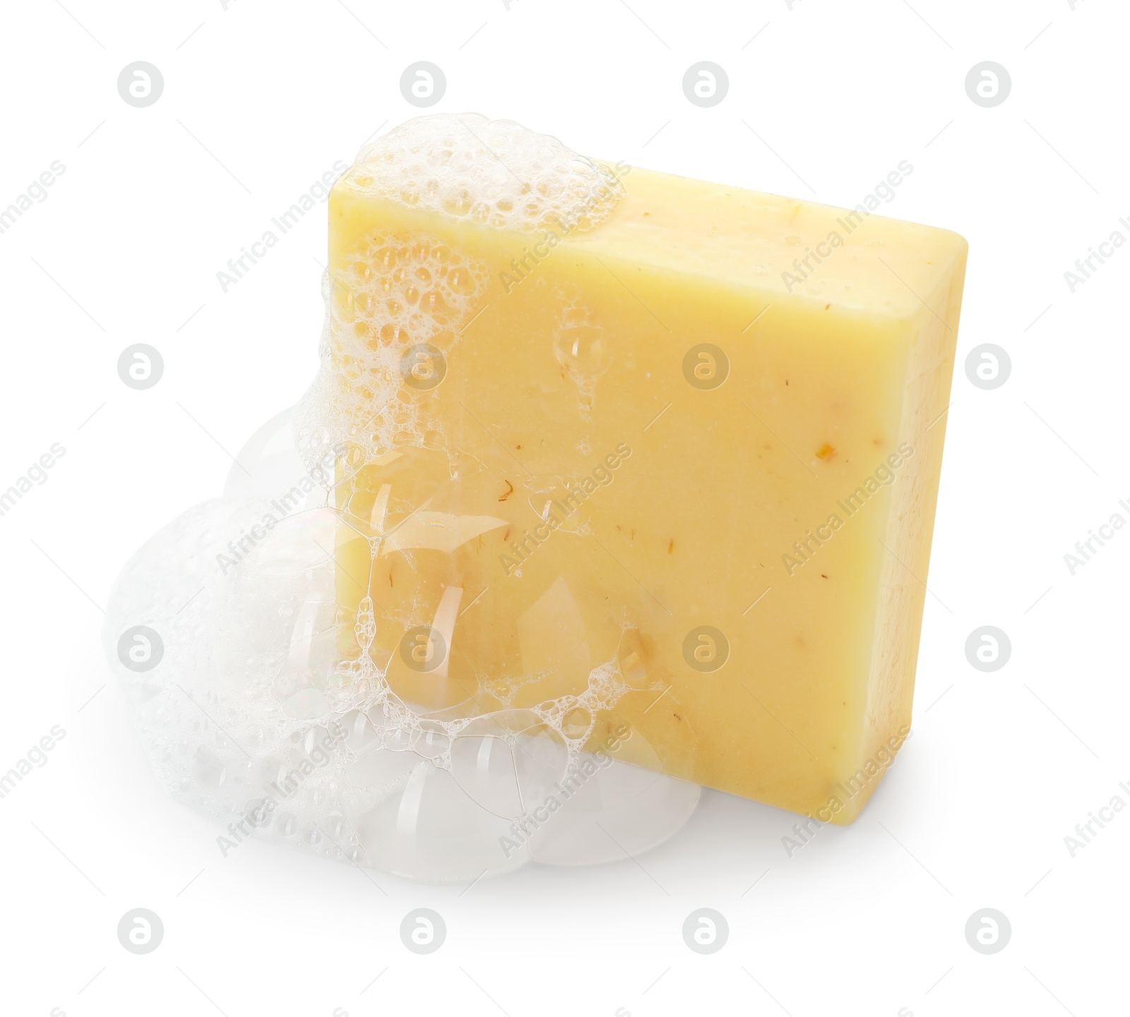 Photo of Yellow soap with foam on white background