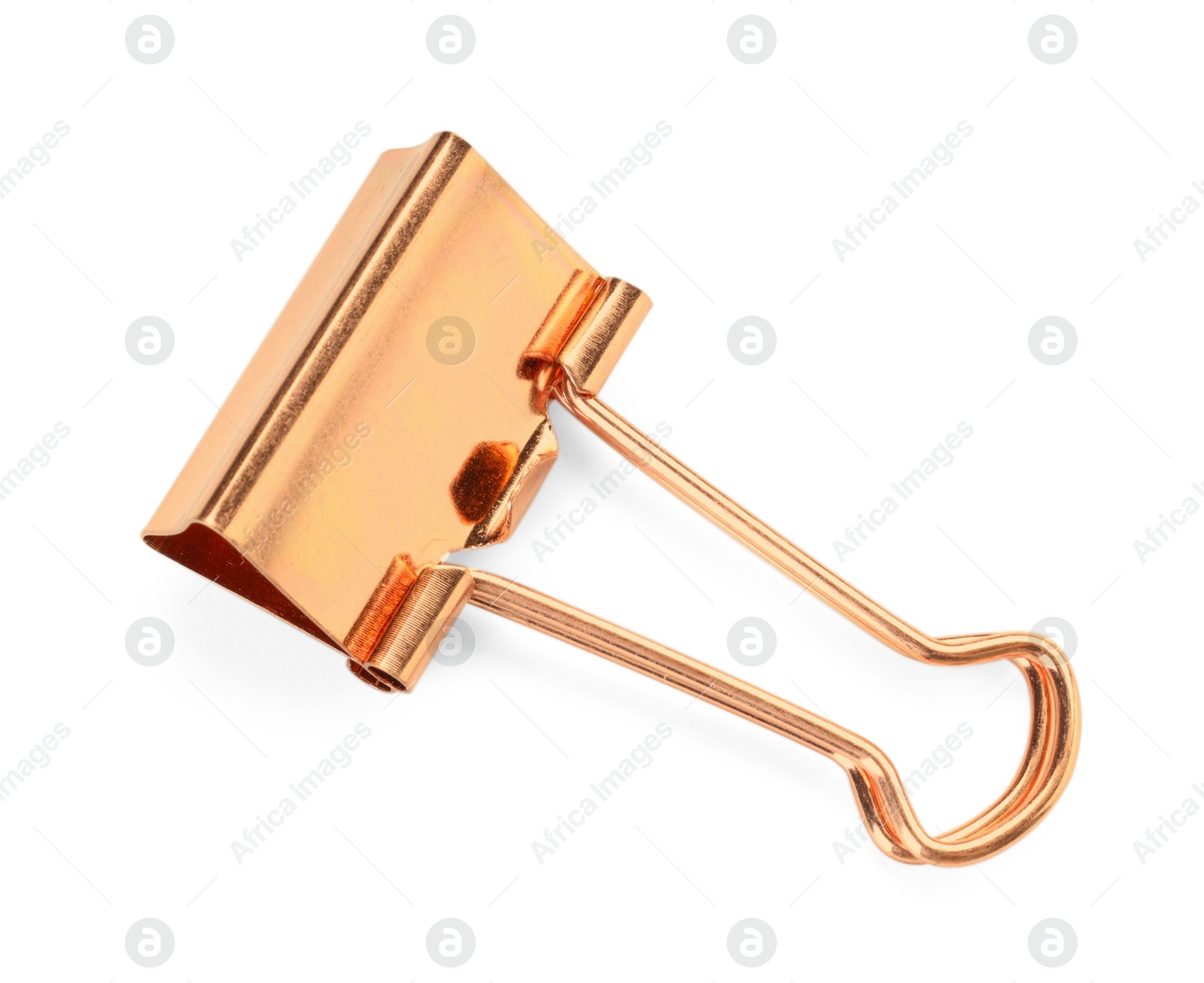 Photo of Golden binder clip isolated on white, top view