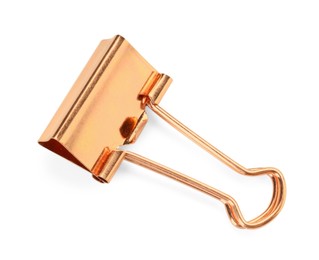 Photo of Golden binder clip isolated on white, top view