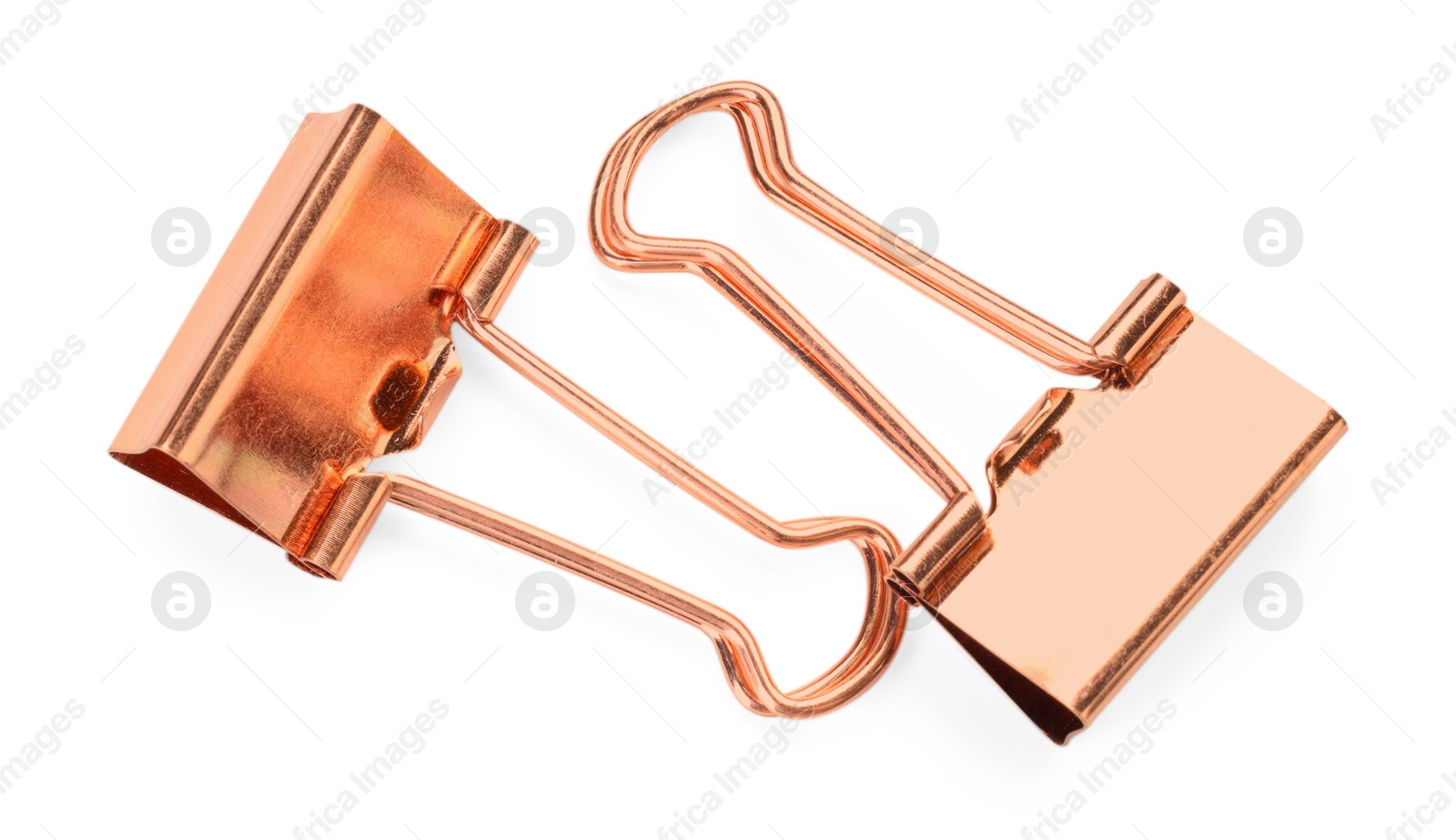 Photo of Golden binder clips isolated on white, top view