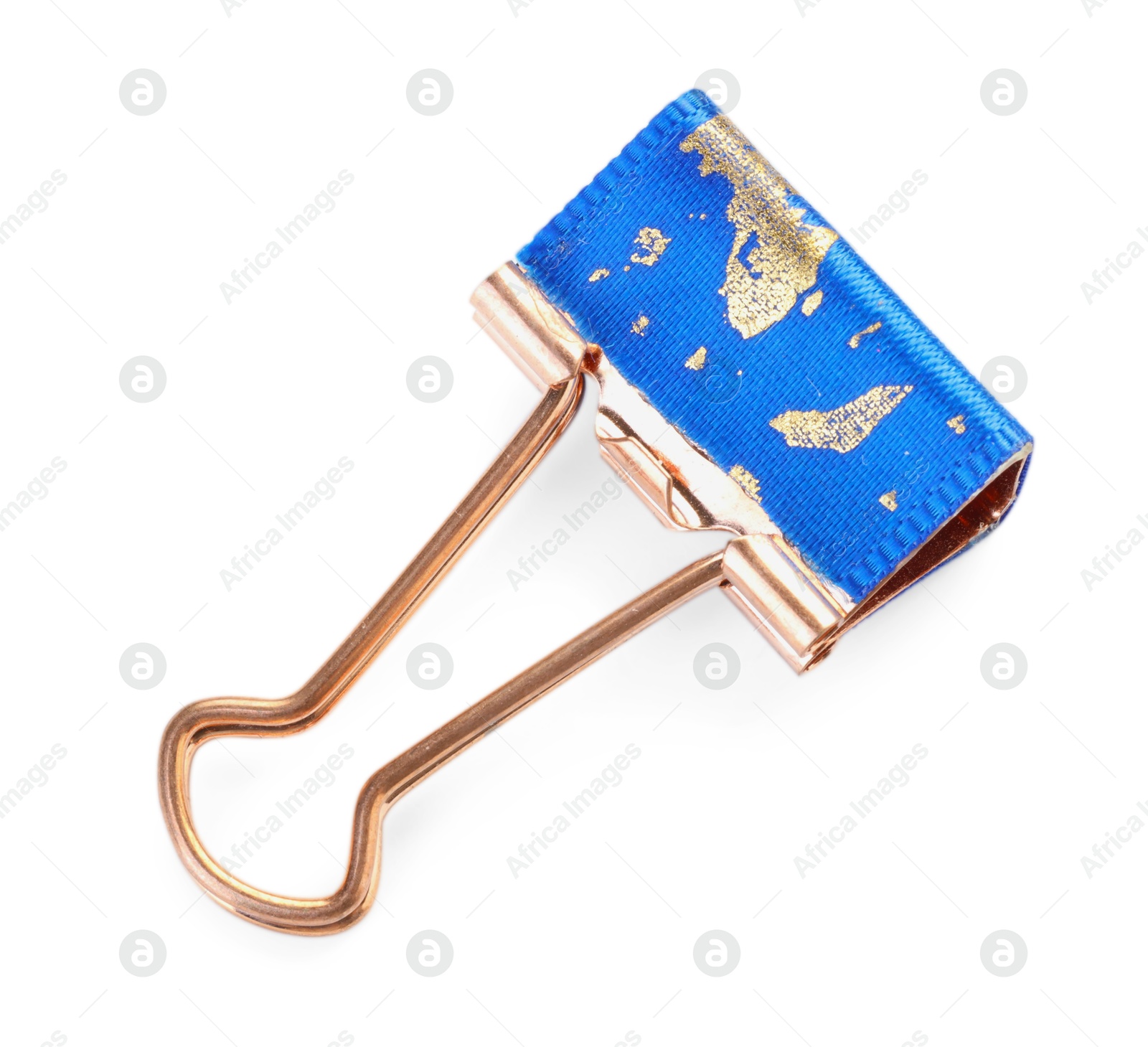 Photo of One colorful binder clip isolated on white, above view