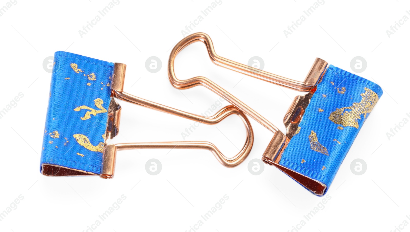 Photo of Two colorful binder clips isolated on white, top view