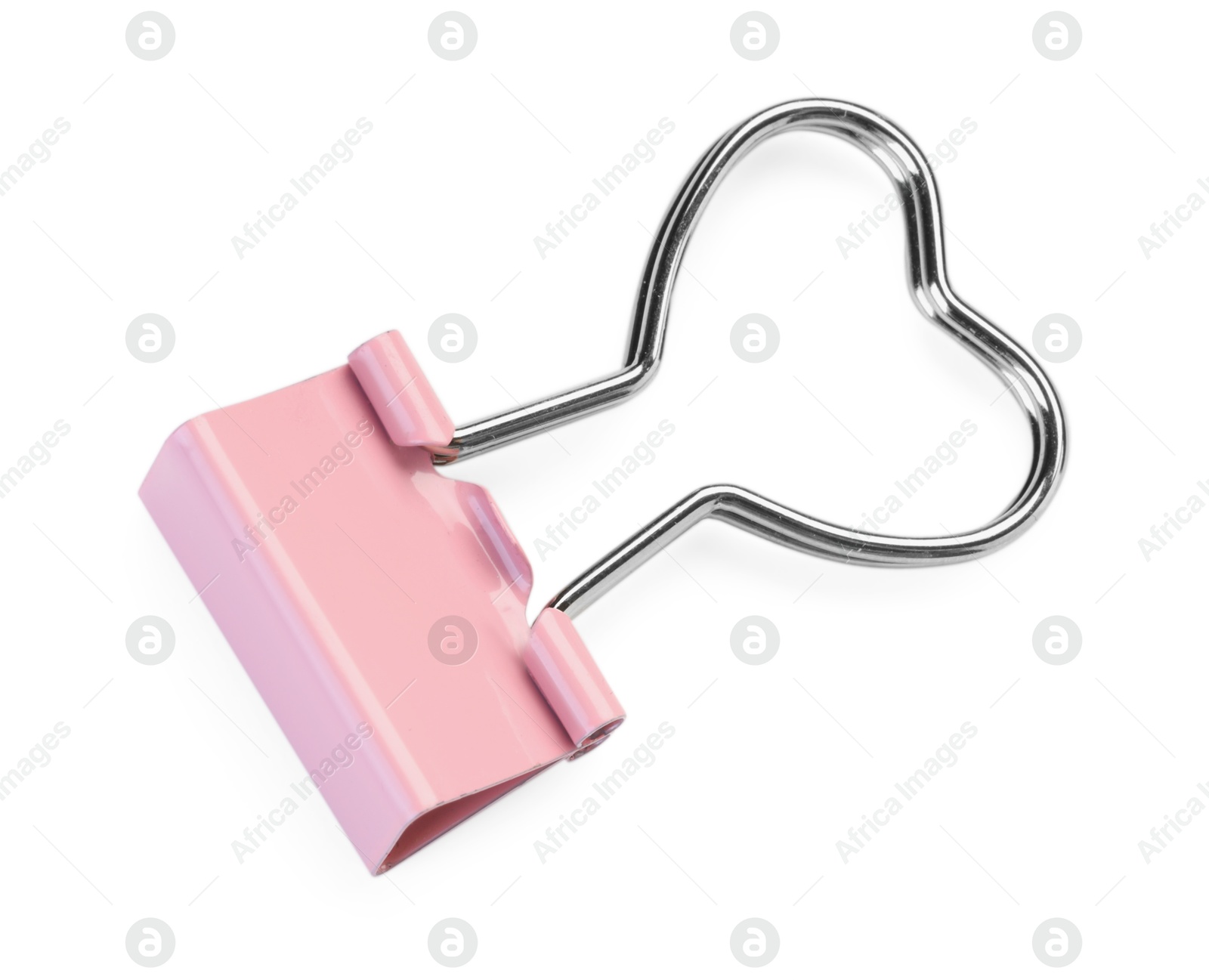 Photo of Heart shaped binder clip isolated on white, top view