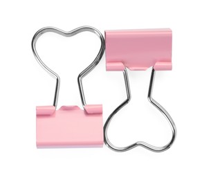 Photo of Heart shaped binder clips isolated on white, top view