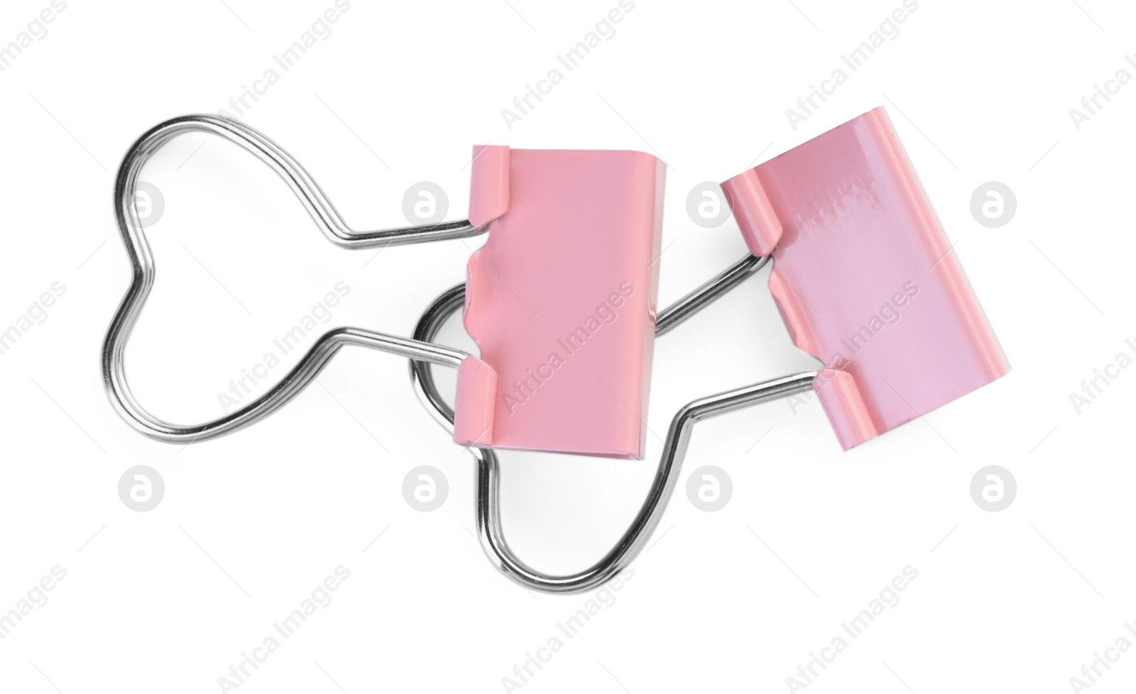 Photo of Heart shaped binder clips isolated on white, top view