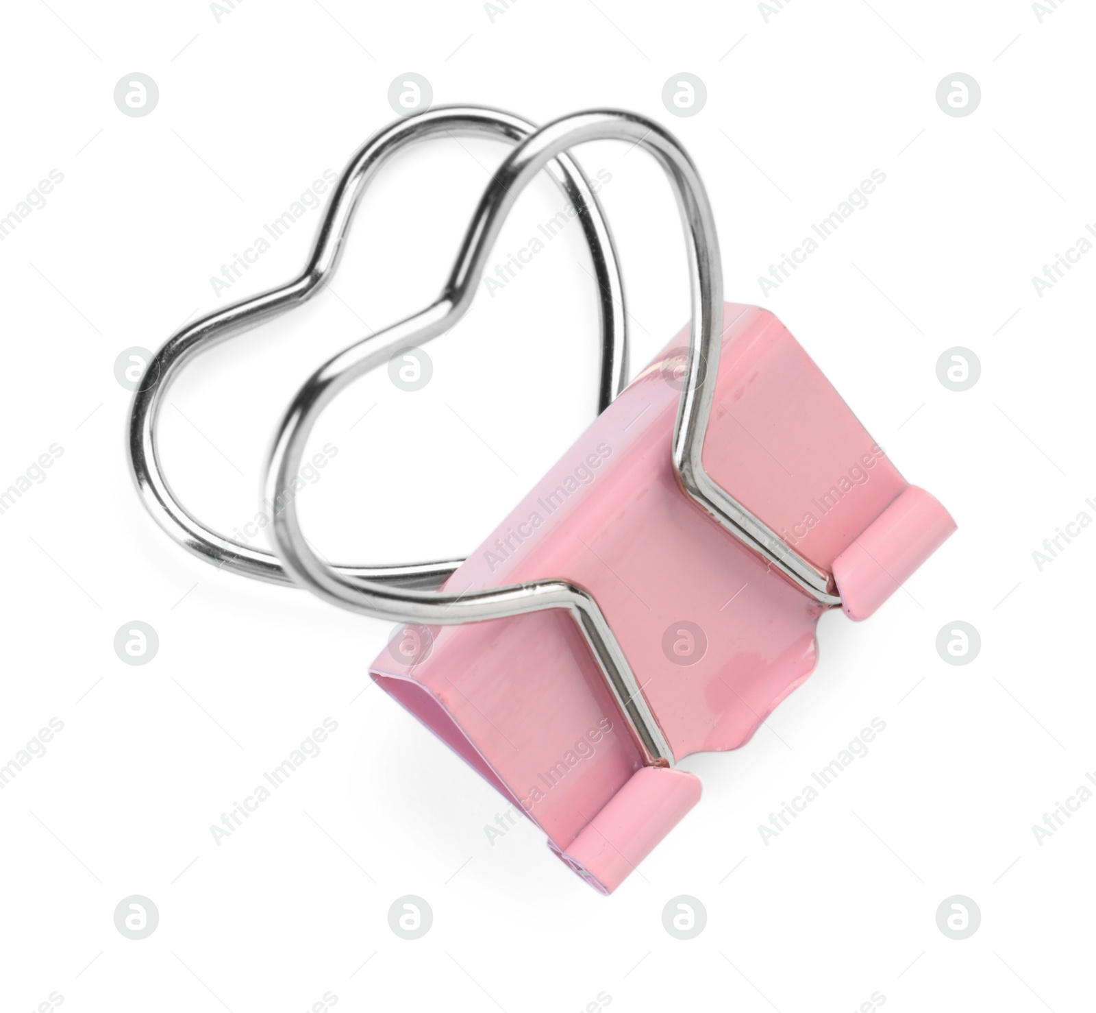 Photo of Heart shaped binder clip isolated on white, top view