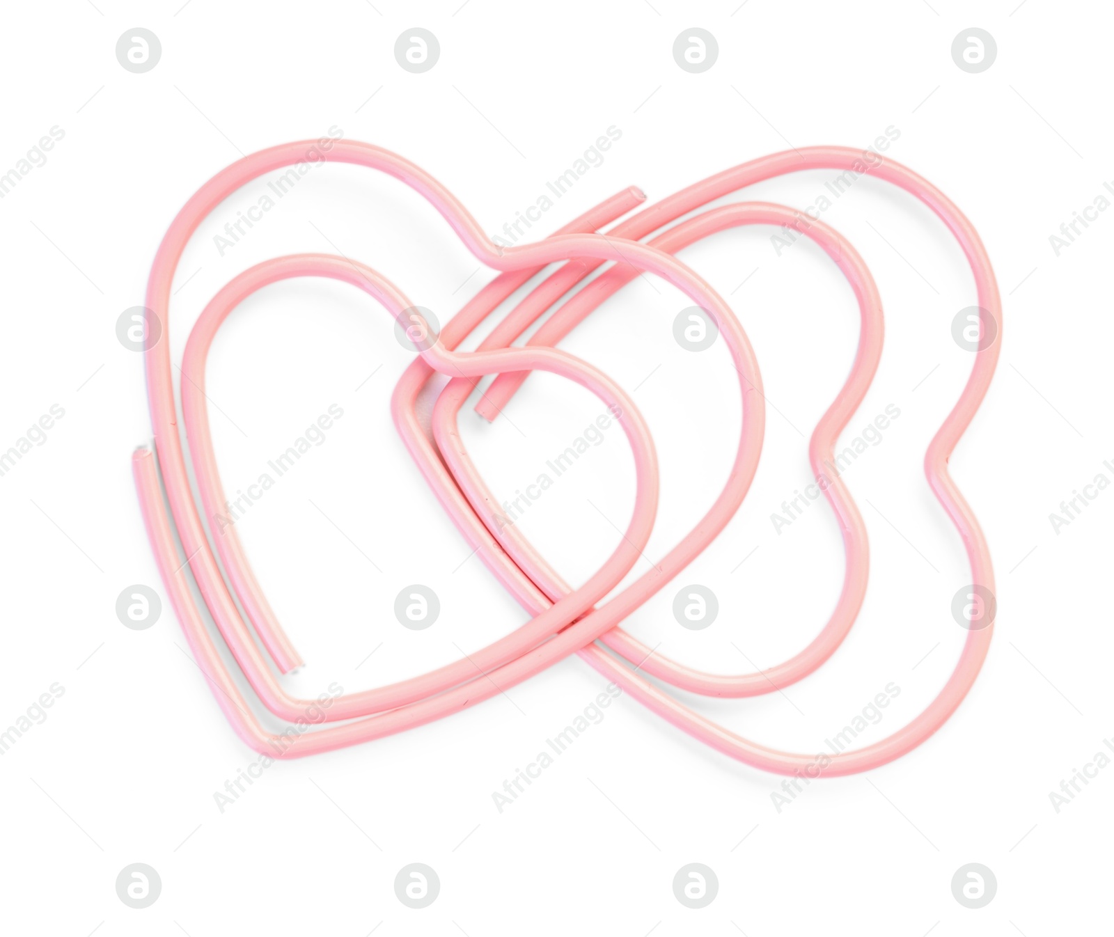 Photo of Heart shaped paper clips isolated on white, top view