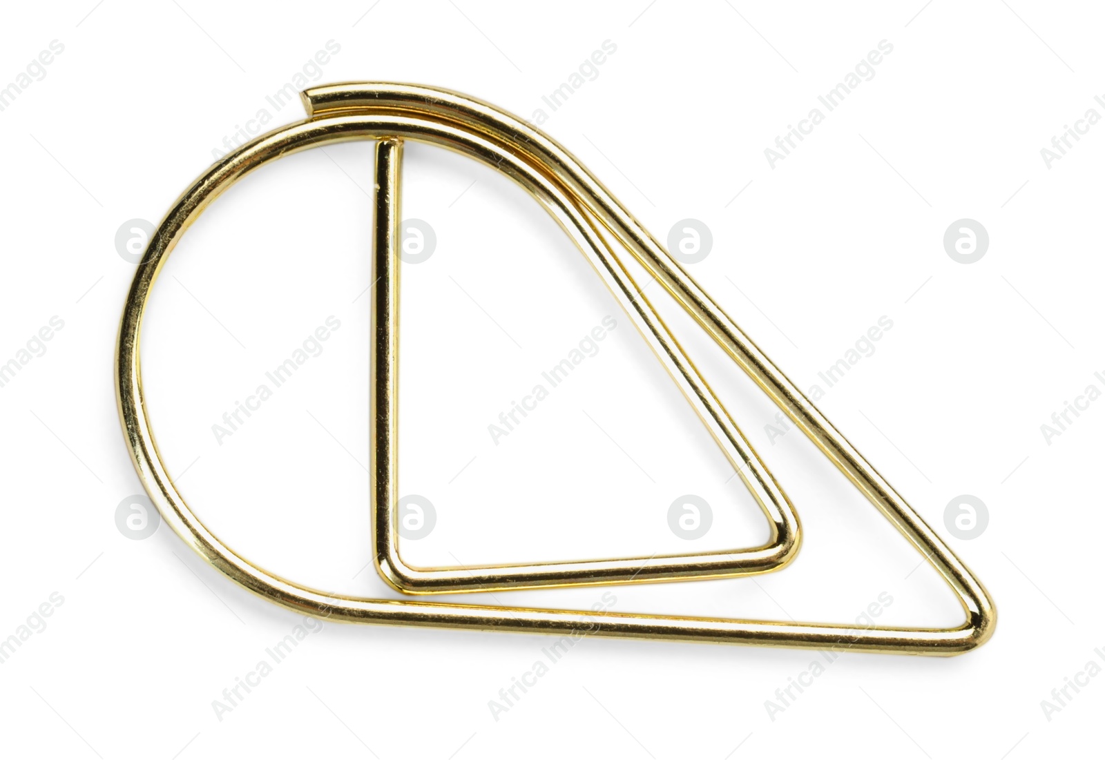 Photo of Golden paper clip isolated on white, top view