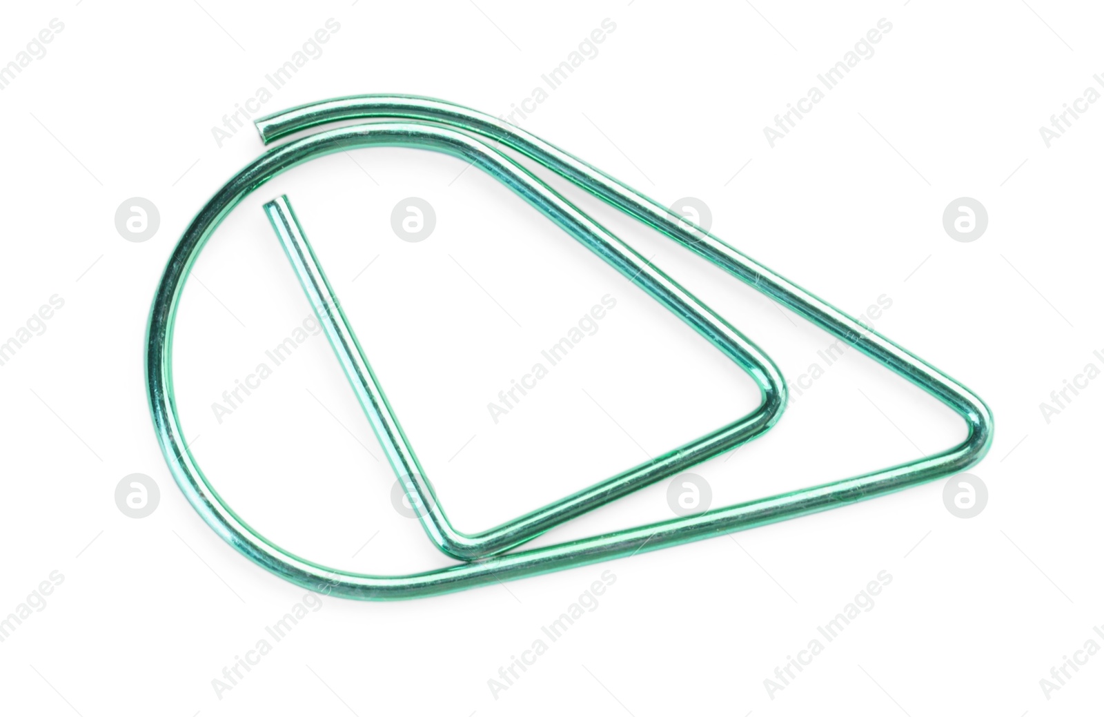 Photo of Turquoise paper clip isolated on white, top view