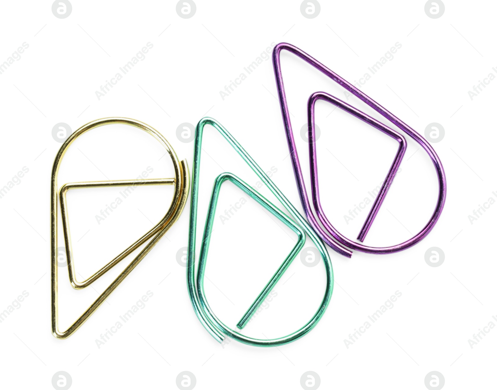 Photo of Colorful paper clips isolated on white, top view