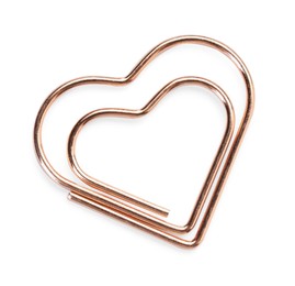 Photo of Heart shaped paper clip isolated on white, top view