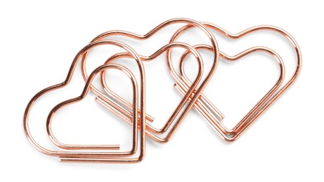 Photo of Heart shaped paper clips isolated on white, top view