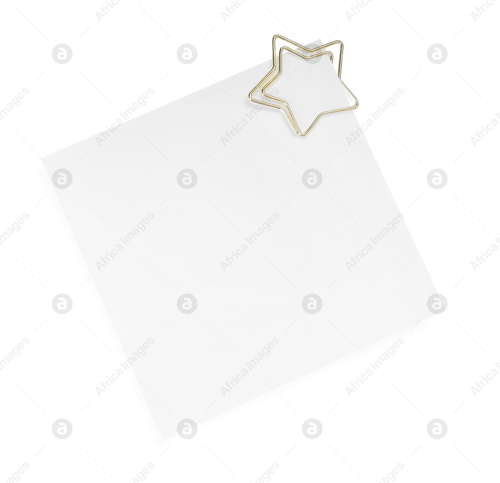 Photo of Blank paper note attached with clip isolated on white, top view