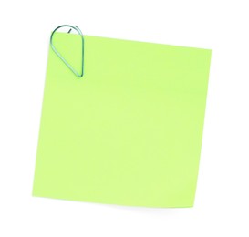 Photo of Blank paper note attached with clip isolated on white, top view