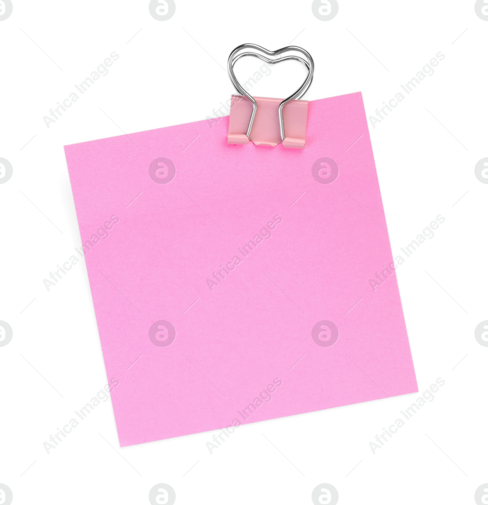 Photo of Blank paper note attached with clip isolated on white, top view