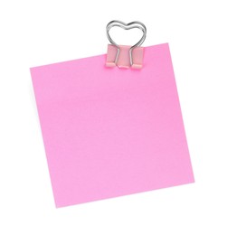 Photo of Blank paper note attached with clip isolated on white, top view