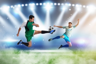 Image of Young men playing football under lights at stadium