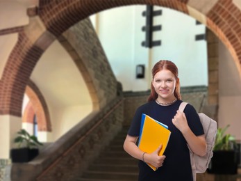 Image of Teenage student with notebooks and backpack in college