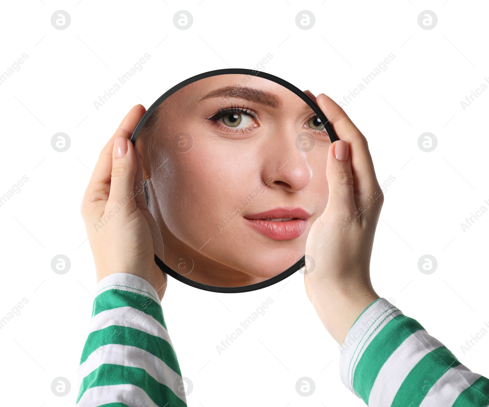 Image of Beautiful woman looking in small round mirror on white background, closeup