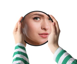 Image of Beautiful woman looking in small round mirror on white background, closeup