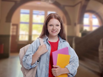 Image of Teenage student with notebooks and backpack in college