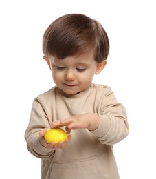 Photo of Cute little child with tasty mochi on white background