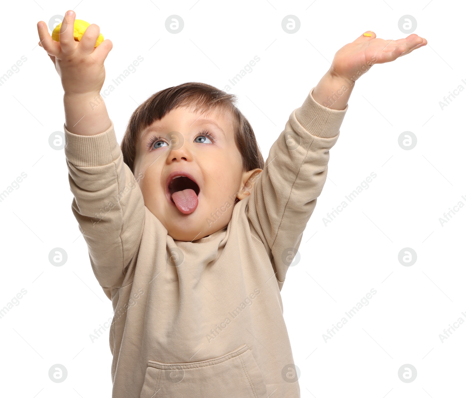 Photo of Cute little child with tasty mochi on white background