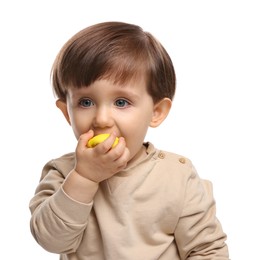 Photo of Cute little child eating tasty mochi on white background