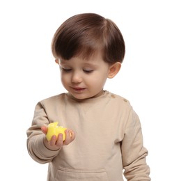 Photo of Cute little child with tasty mochi on white background