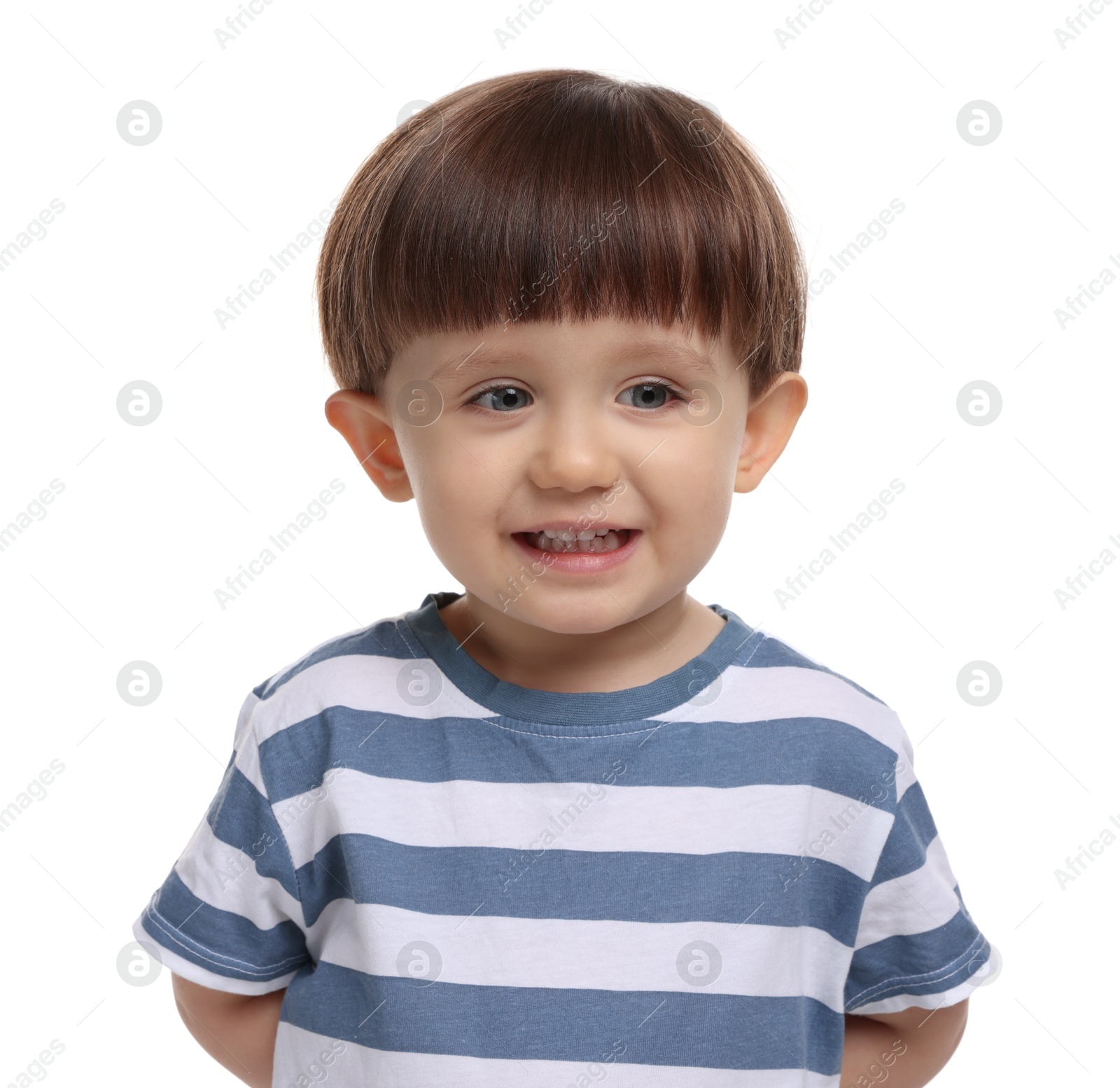 Photo of Portrait of adorable little boy on white background