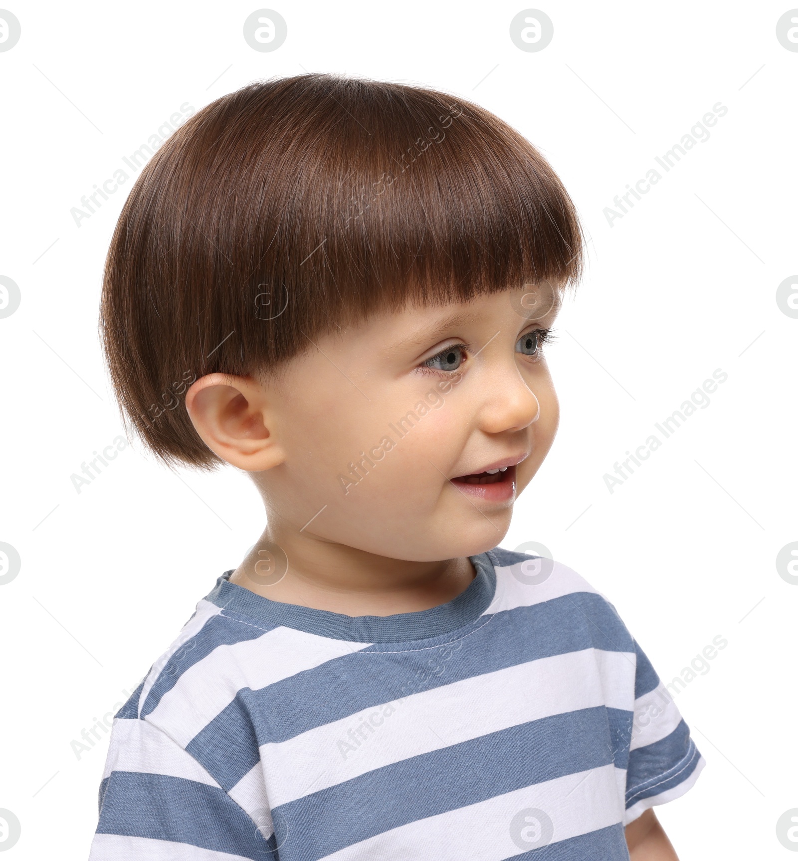 Photo of Portrait of adorable little boy on white background