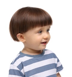 Photo of Portrait of adorable little boy on white background