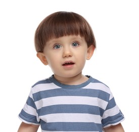 Photo of Portrait of adorable little boy on white background