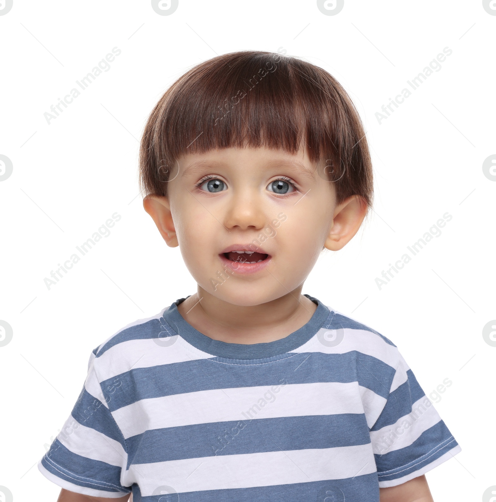 Photo of Portrait of adorable little boy on white background