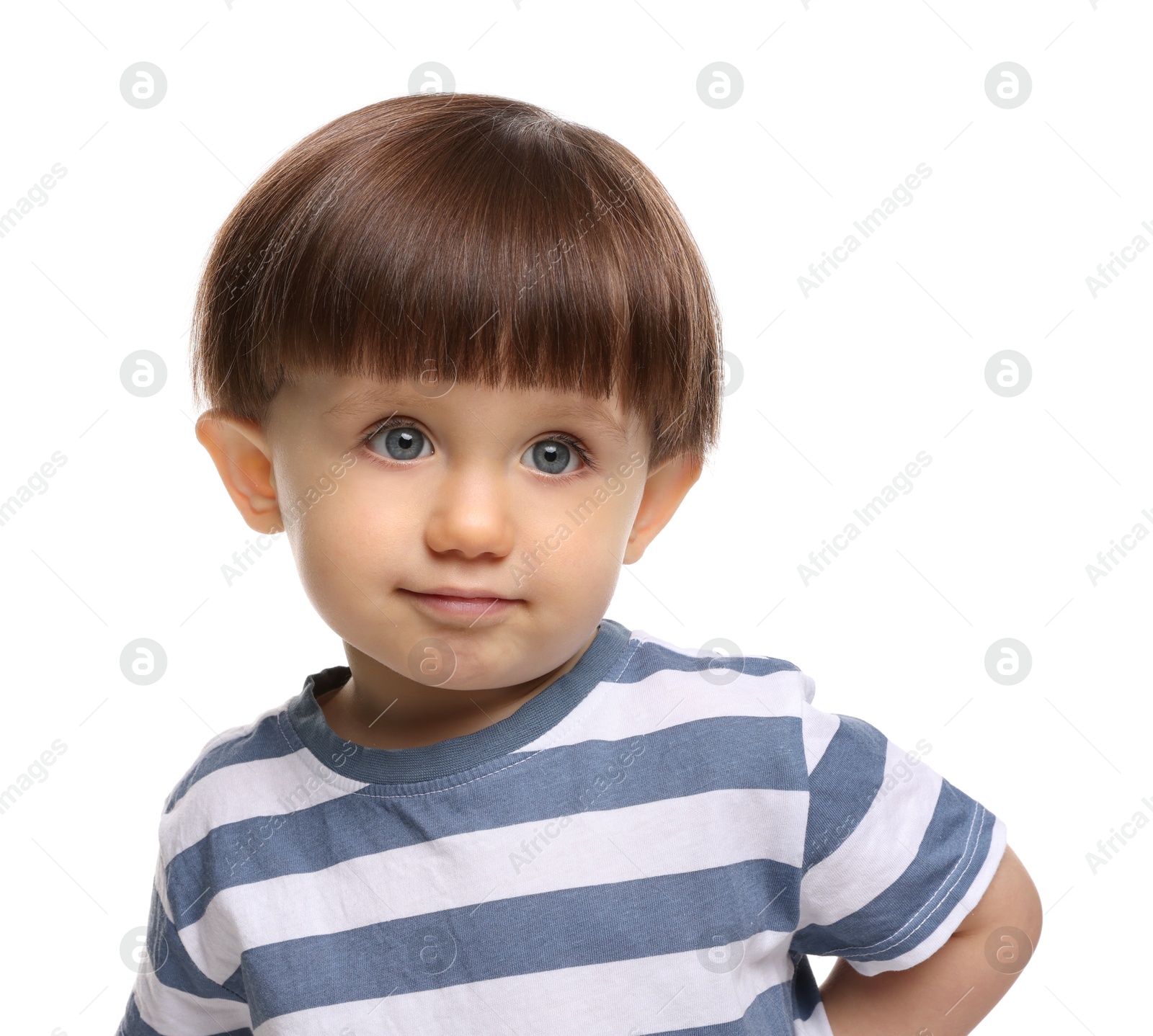 Photo of Portrait of adorable little boy on white background