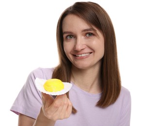 Photo of Woman with tasty mochi on white background