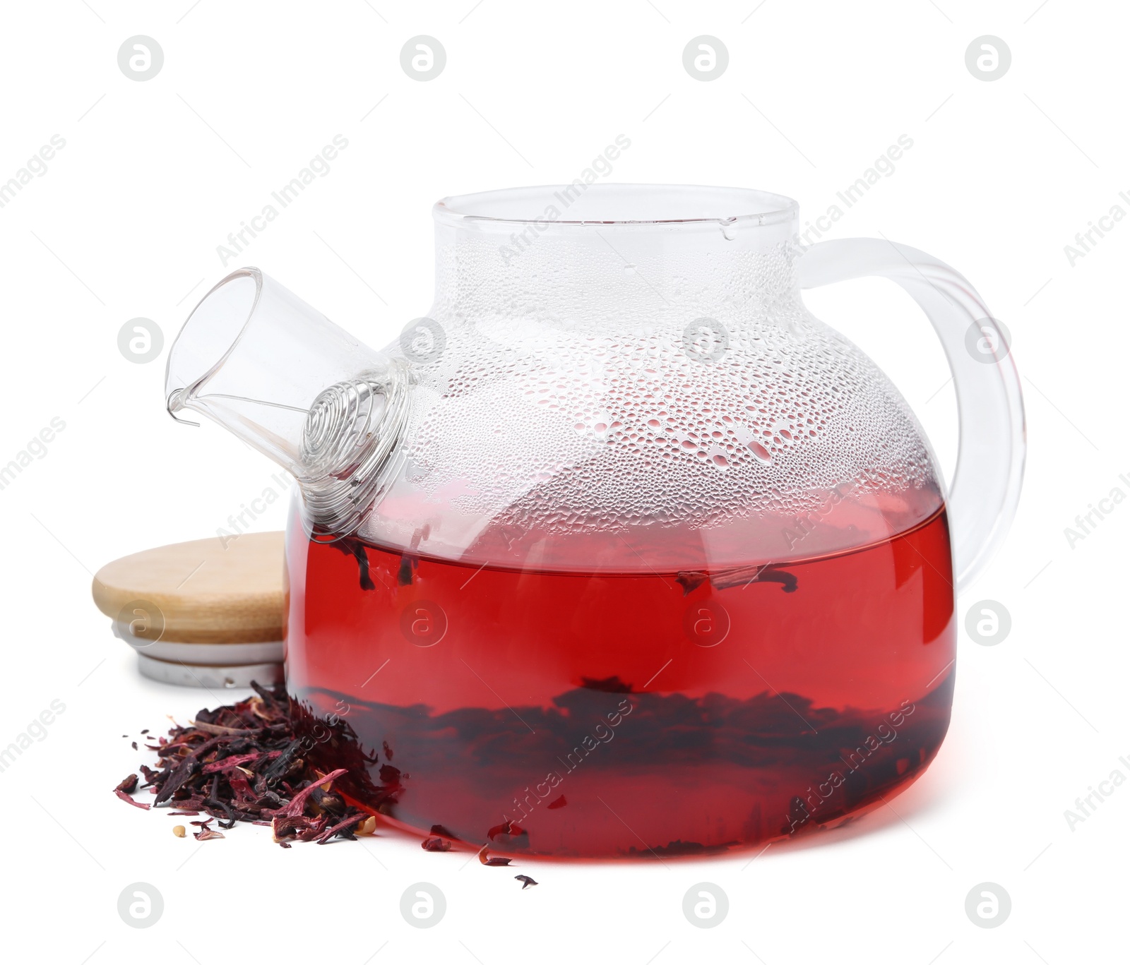 Photo of Tasty hibiscus tea in teapot isolated on white