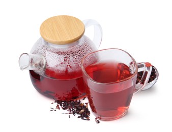 Photo of Tasty hibiscus tea in glass cup and teapot isolated on white