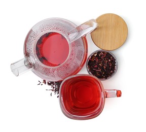 Photo of Tasty hibiscus tea isolated on white, top view