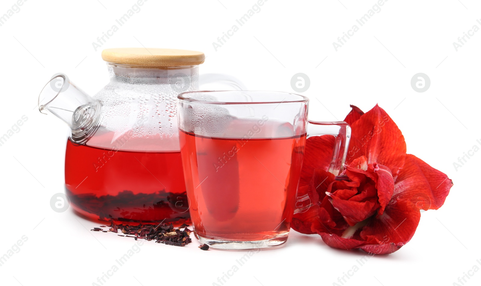 Photo of Tasty hibiscus tea and flower isolated on white