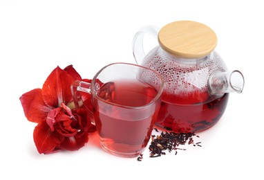 Photo of Tasty hibiscus tea and flower isolated on white