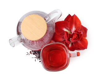 Photo of Tasty hibiscus tea and flower isolated on white, top view