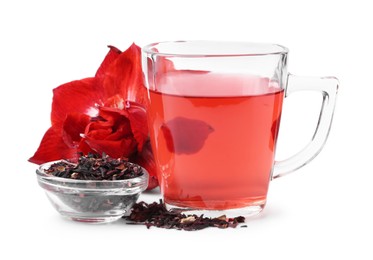 Photo of Tasty hibiscus tea in glass cup and flower isolated on white