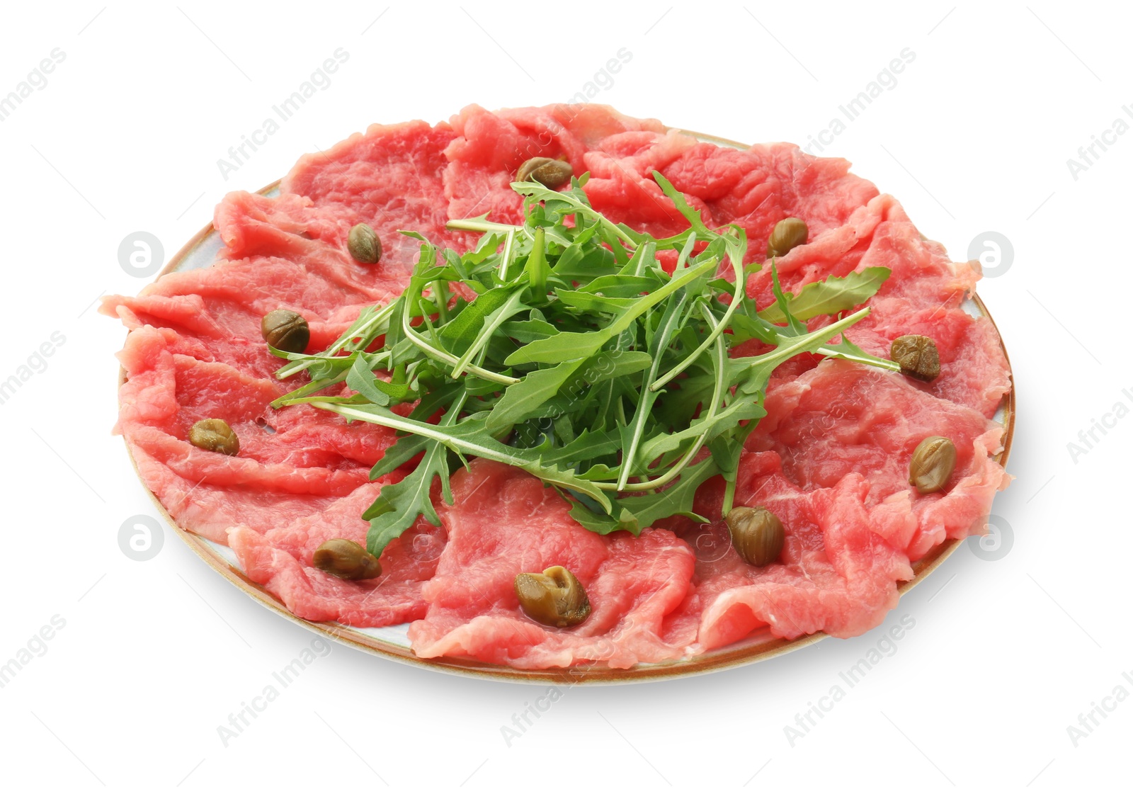 Photo of Delicious beef carpaccio with arugula and capers isolated on white