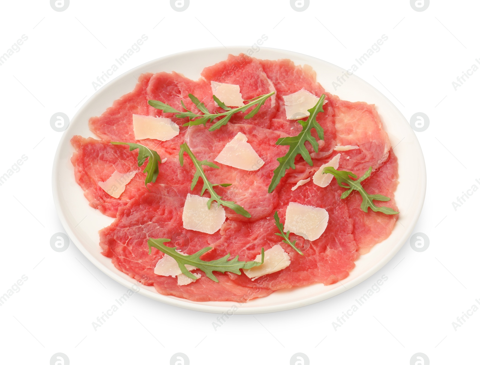 Photo of Delicious beef carpaccio with arugula and cheese isolated on white